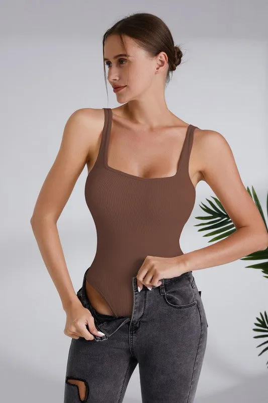 Coffee Seamless Ribbed Square Neck Tank Bodysuit