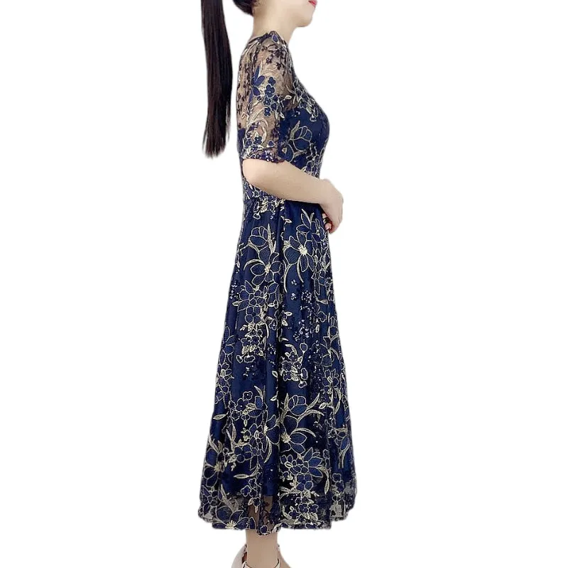 D175 Women all-over floral embroidered sequinned short sleeves flared midi evening dress