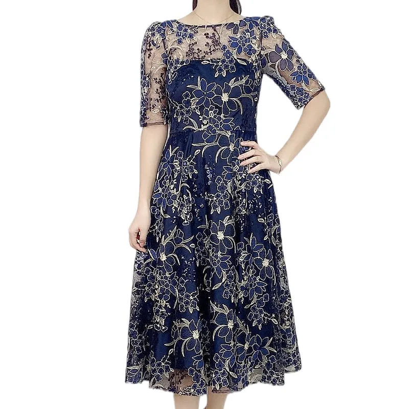 D175 Women all-over floral embroidered sequinned short sleeves flared midi evening dress