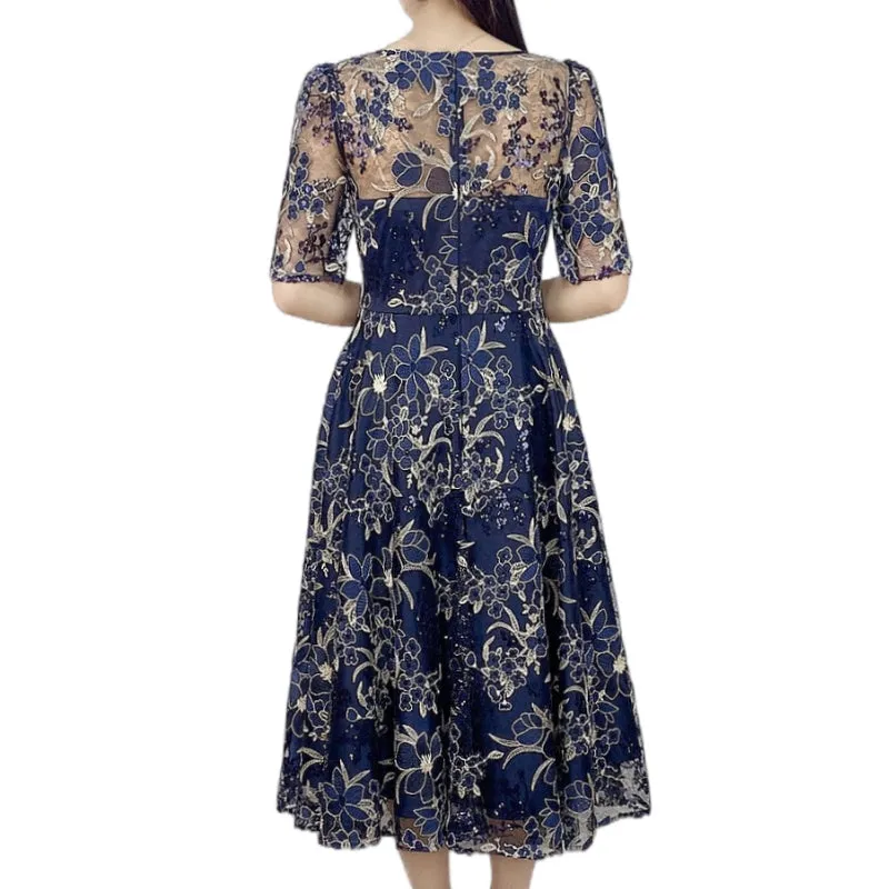 D175 Women all-over floral embroidered sequinned short sleeves flared midi evening dress