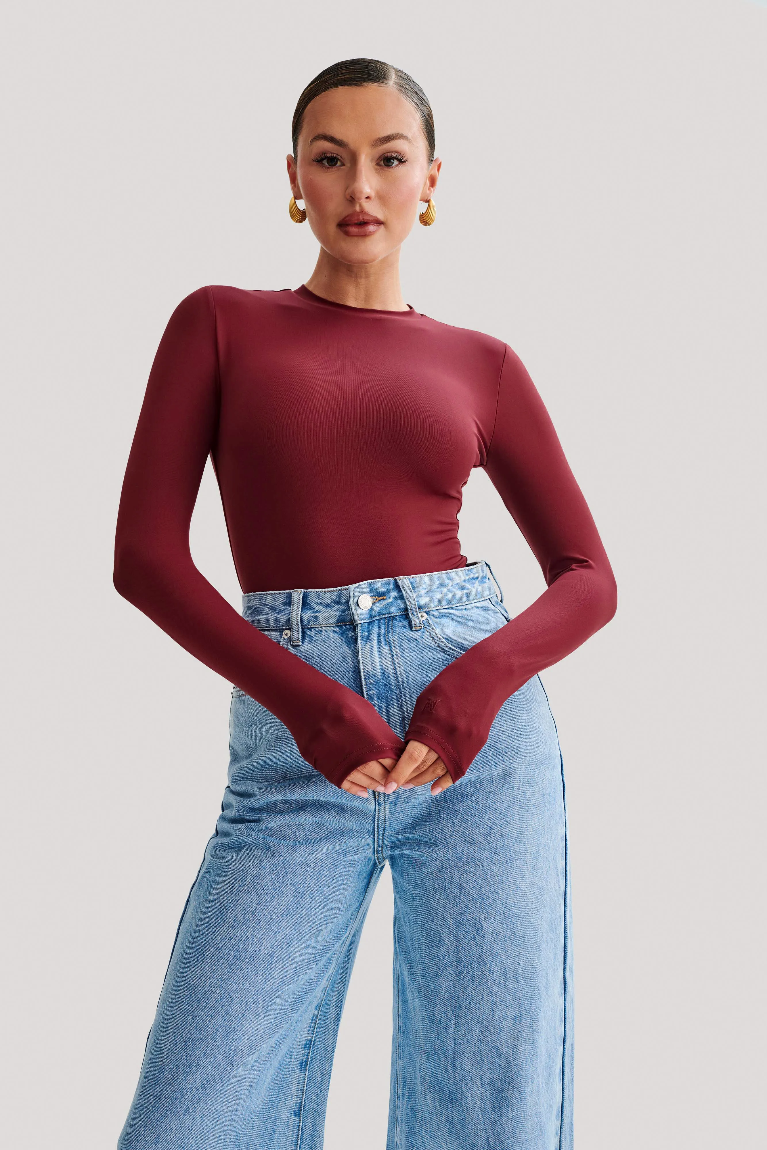 Delilah Recycled Nylon Long Sleeve Crew Neck Bodysuit - Wine