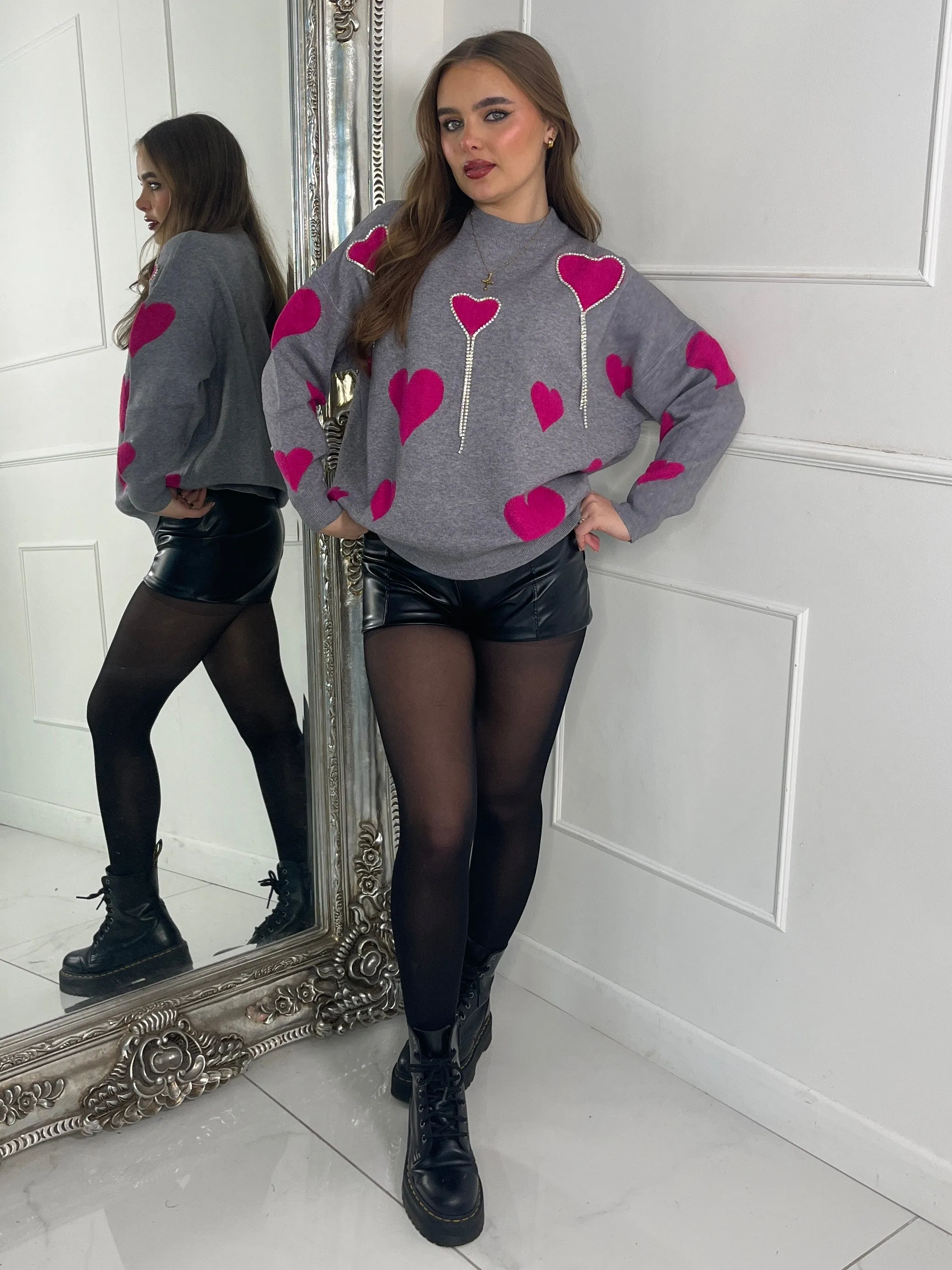 Diamante Heart Jumper - Grey W Cerise Hearts