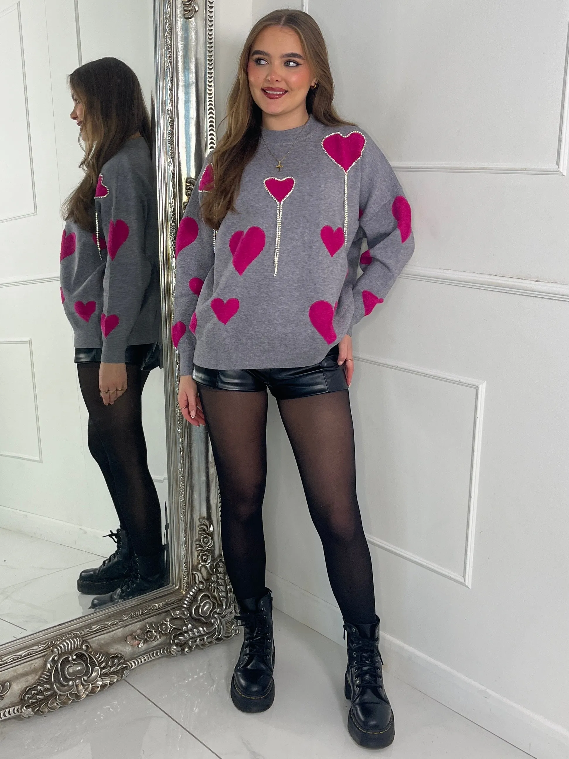 Diamante Heart Jumper - Grey W Cerise Hearts