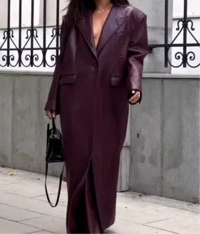 Faux Leather Trench Coat in Burgundy