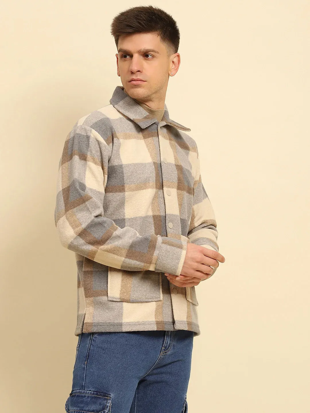 Fawn Check Ploy Blend Checkered Relaxed Fit Shacket