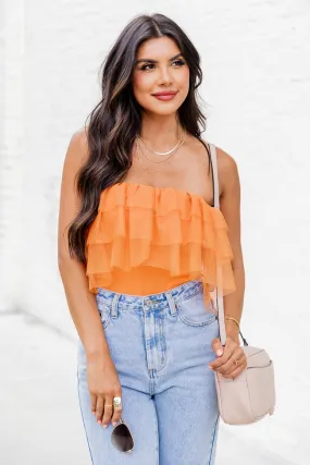 Feels Like A Lifetime Tangerine Strapless Tulle Ruffle Bodysuit FINAL SALE