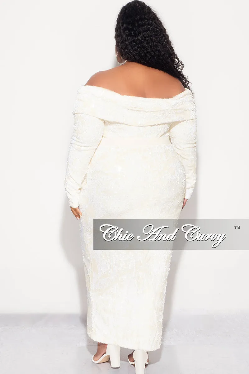 Final Sale Plus Velvet 2pc Off the Shoulder Sequin BodySuit and Skirt Set in Ivory