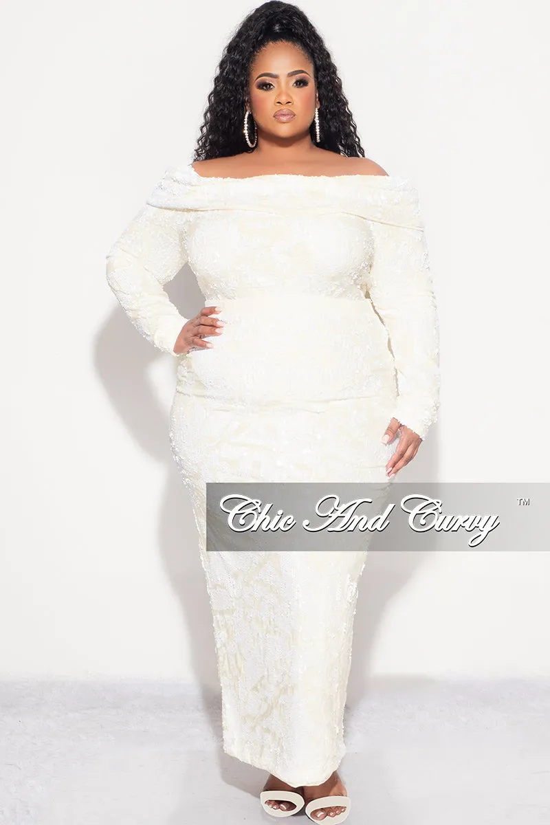 Final Sale Plus Velvet 2pc Off the Shoulder Sequin BodySuit and Skirt Set in Ivory