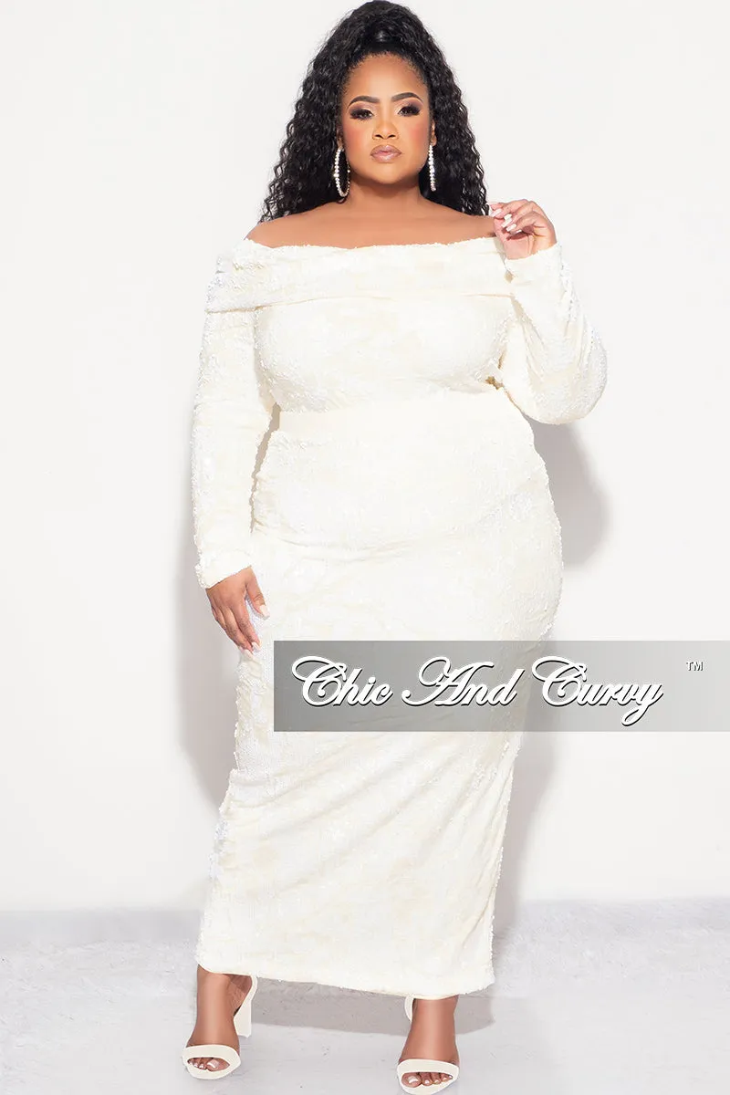 Final Sale Plus Velvet 2pc Off the Shoulder Sequin BodySuit and Skirt Set in Ivory