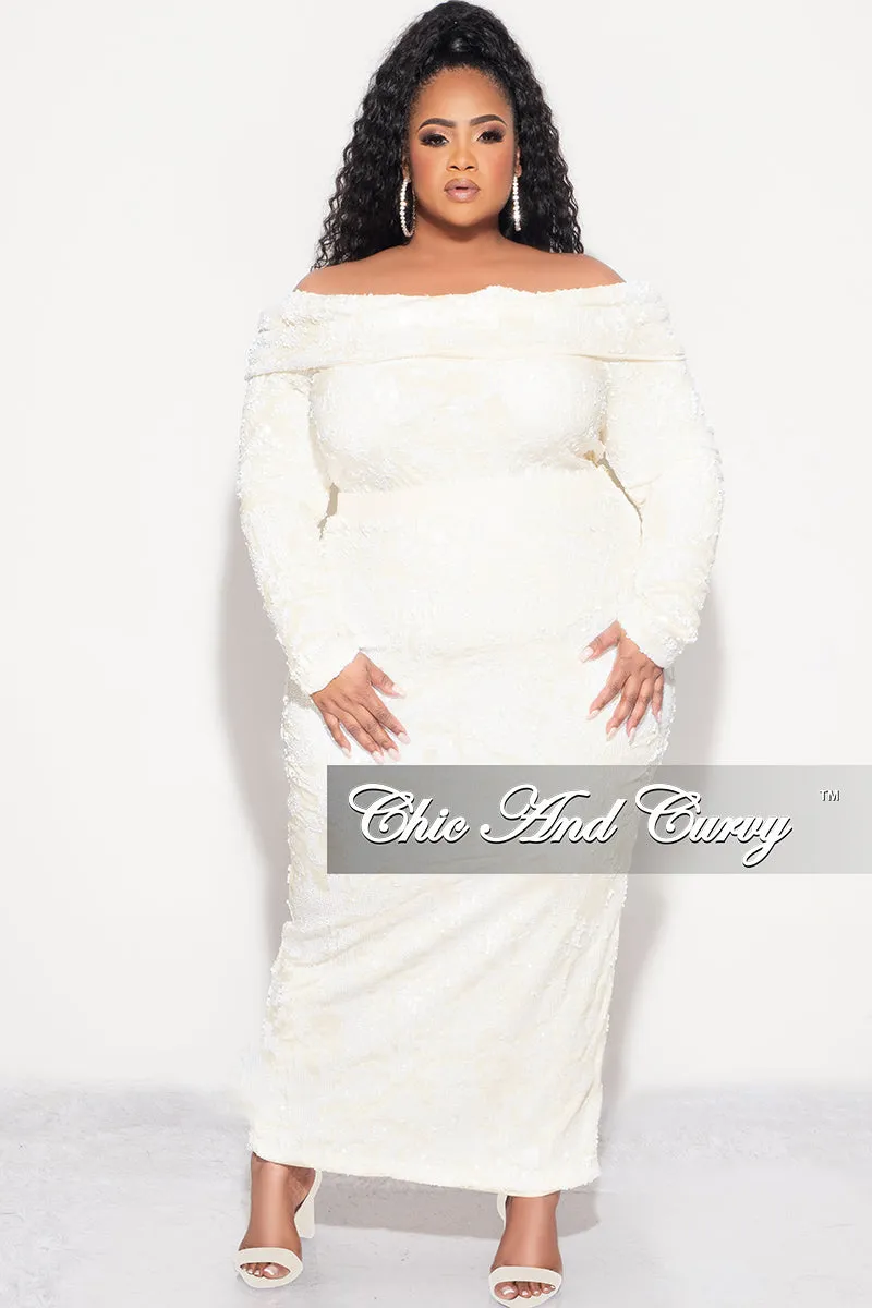 Final Sale Plus Velvet 2pc Off the Shoulder Sequin BodySuit and Skirt Set in Ivory