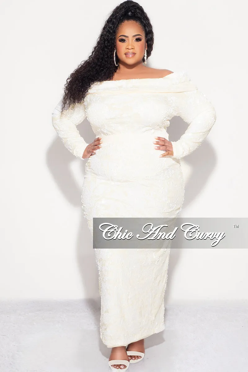 Final Sale Plus Velvet 2pc Off the Shoulder Sequin BodySuit and Skirt Set in Ivory