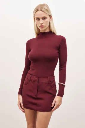 Fine Knit High Neck Bodysuit - Burgundy