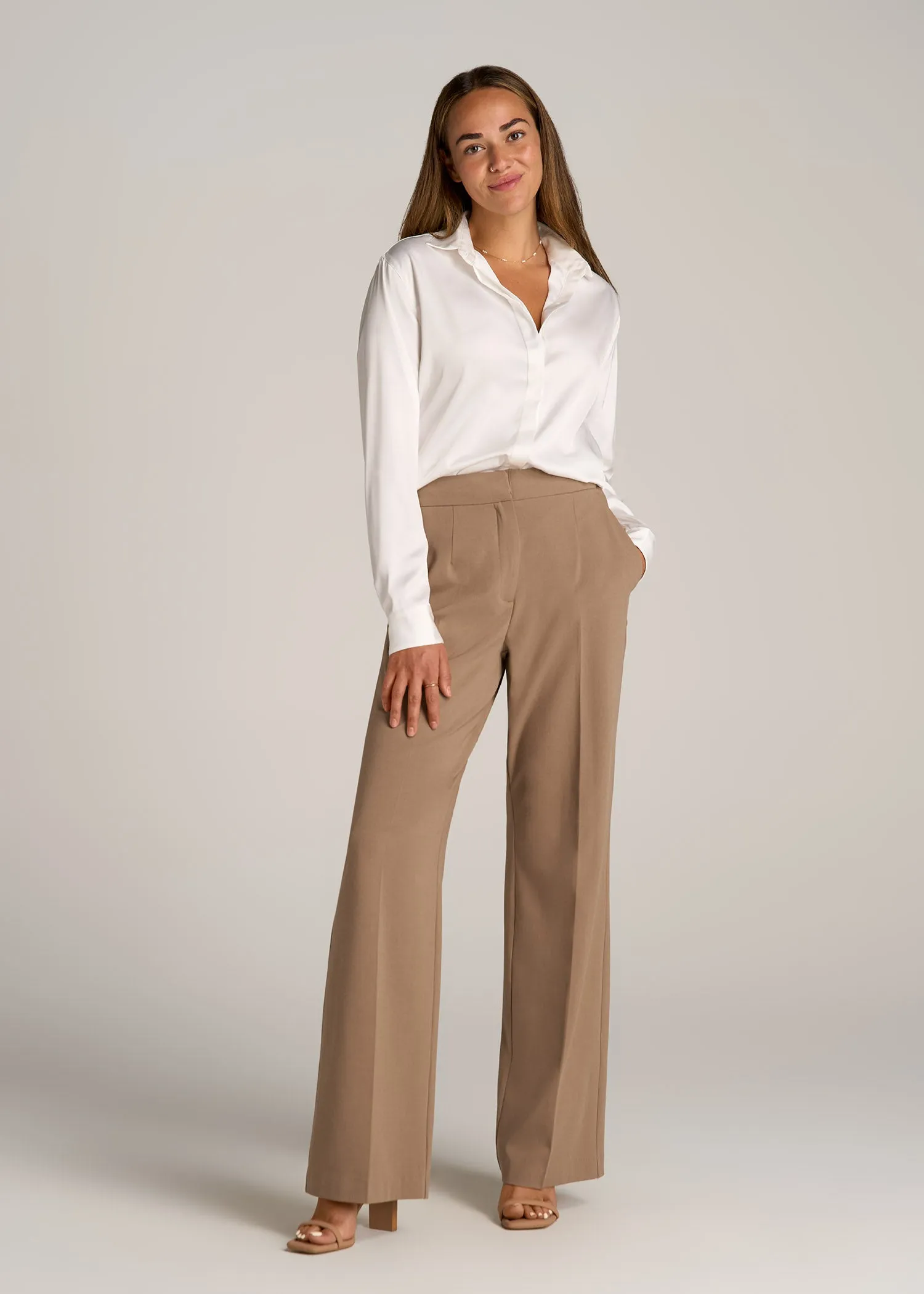 Flat Front Wide Leg Dress Pants for Tall Women in Fawn