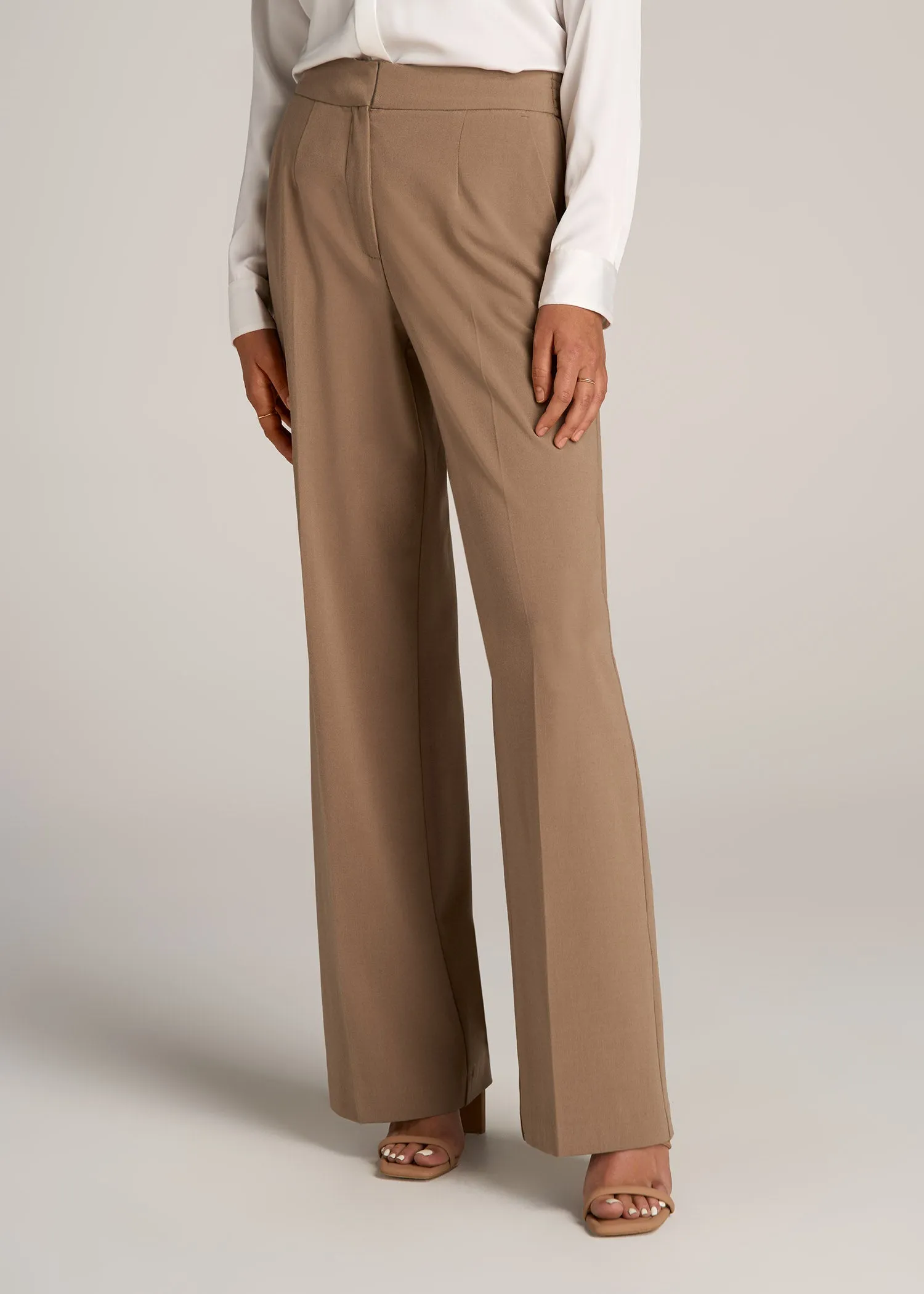 Flat Front Wide Leg Dress Pants for Tall Women in Fawn