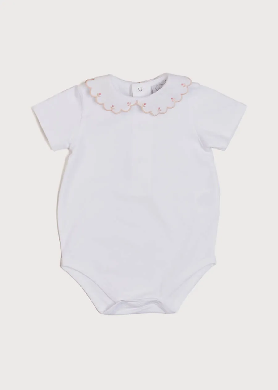 Floral Embroidered Scallop Collar Short Sleeve Bodysuit in Pink (0mths-2yrs)