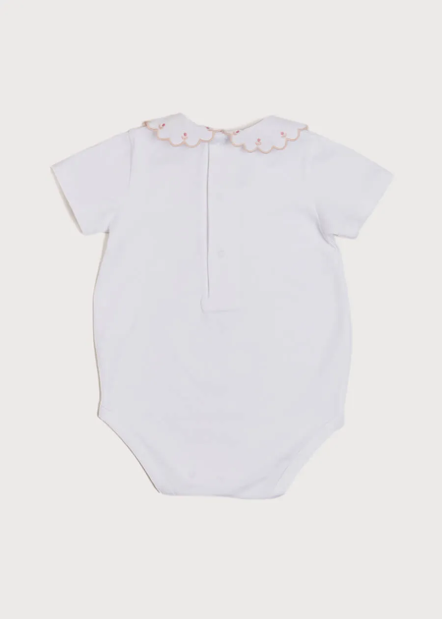 Floral Embroidered Scallop Collar Short Sleeve Bodysuit in Pink (0mths-2yrs)