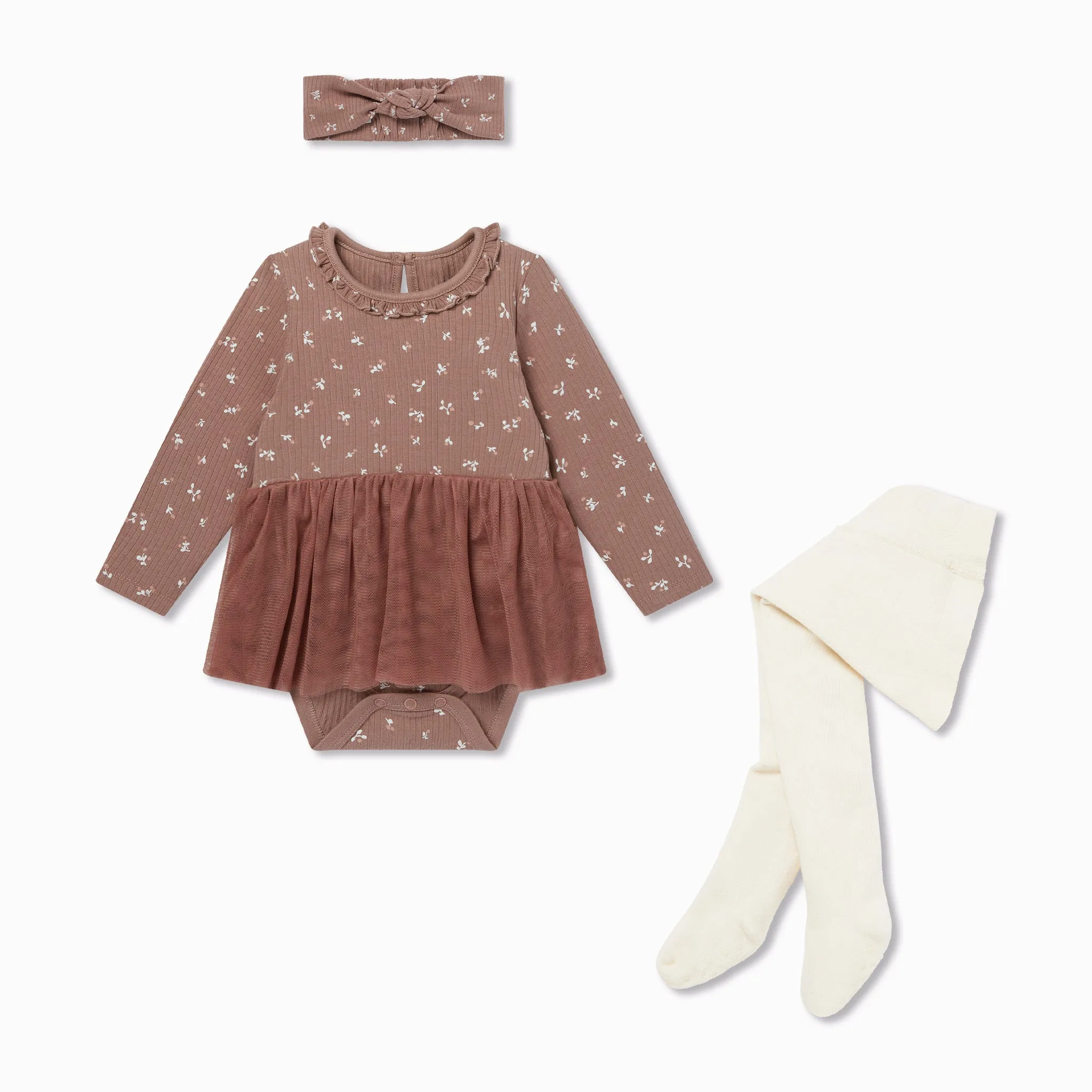 Floral Ribbed Tutu Bodysuit, Headband & Tights Outfit