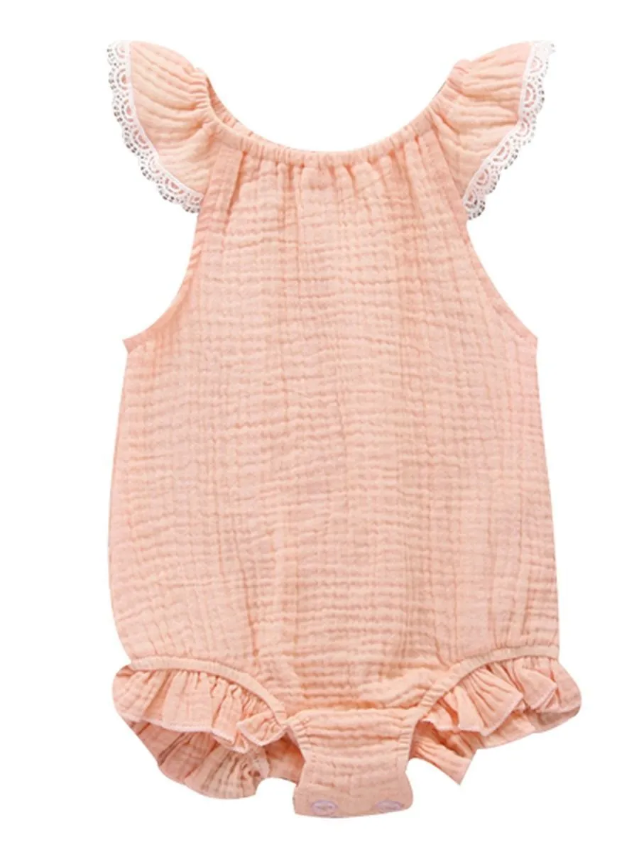 Flutter Sleeve Summer Solid Color Frilled Sleeveless Muslin Baby Romper Onesie Wholesale