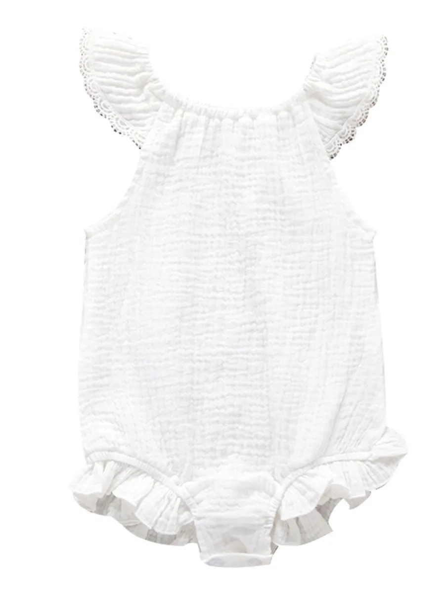 Flutter Sleeve Summer Solid Color Frilled Sleeveless Muslin Baby Romper Onesie Wholesale