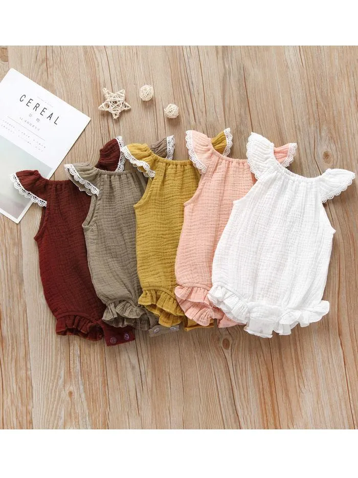 Flutter Sleeve Summer Solid Color Frilled Sleeveless Muslin Baby Romper Onesie Wholesale