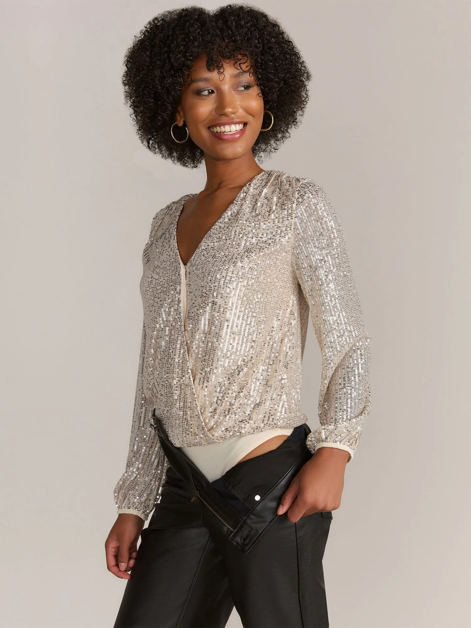 Gilli Long Sleeve V-Neck Sequin Bodysuit - Brands We Love