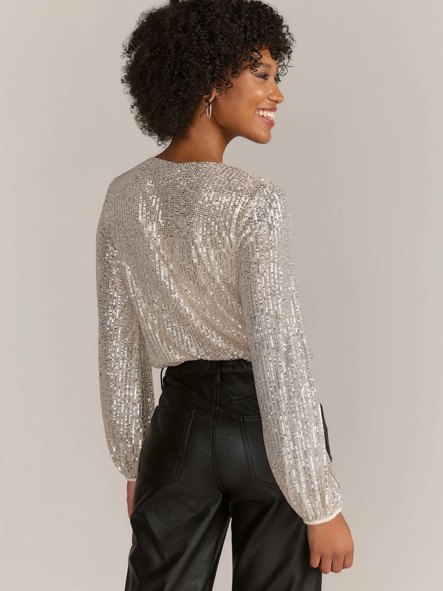 Gilli Long Sleeve V-Neck Sequin Bodysuit - Brands We Love