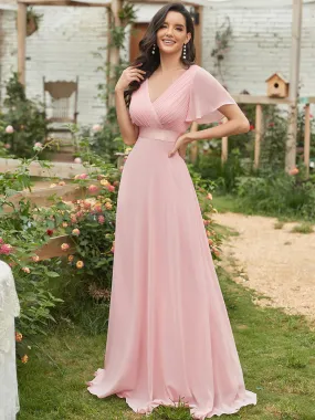 Glamorous Double V-Neck Ruffles Padded Chiffon Evening Dresses