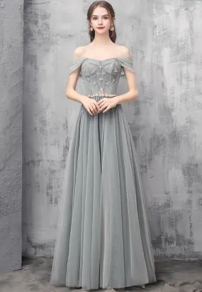 Gray Tulle Beaded Long Prom Dress, Off the Shoulder Evening Dress