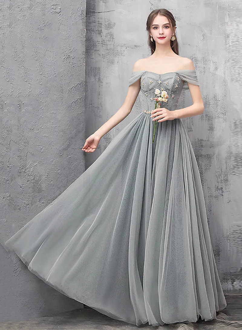 Gray Tulle Beaded Long Prom Dress, Off the Shoulder Evening Dress