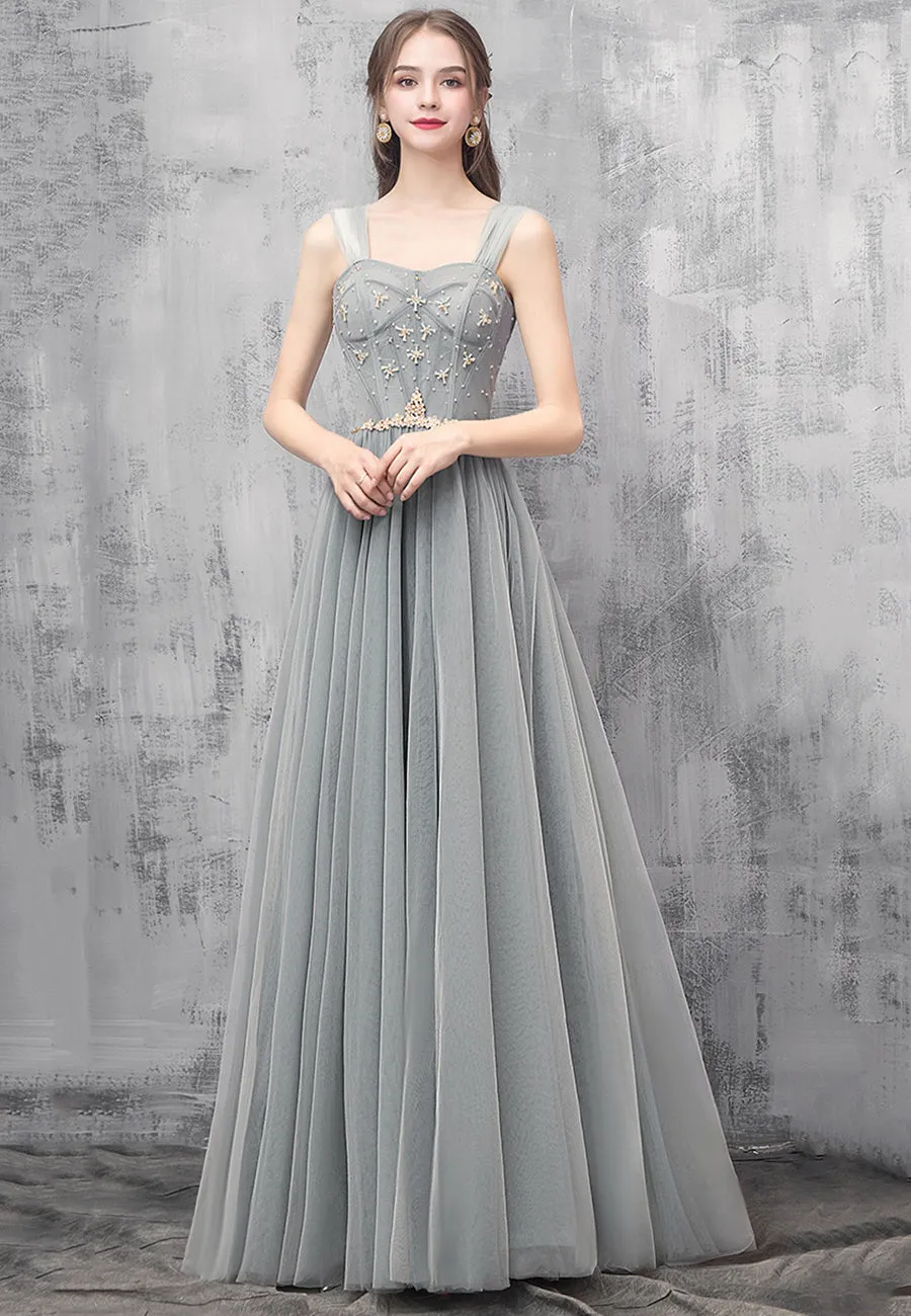 Gray Tulle Beaded Long Prom Dress, Off the Shoulder Evening Dress