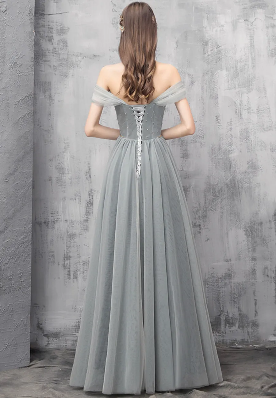 Gray Tulle Beaded Long Prom Dress, Off the Shoulder Evening Dress