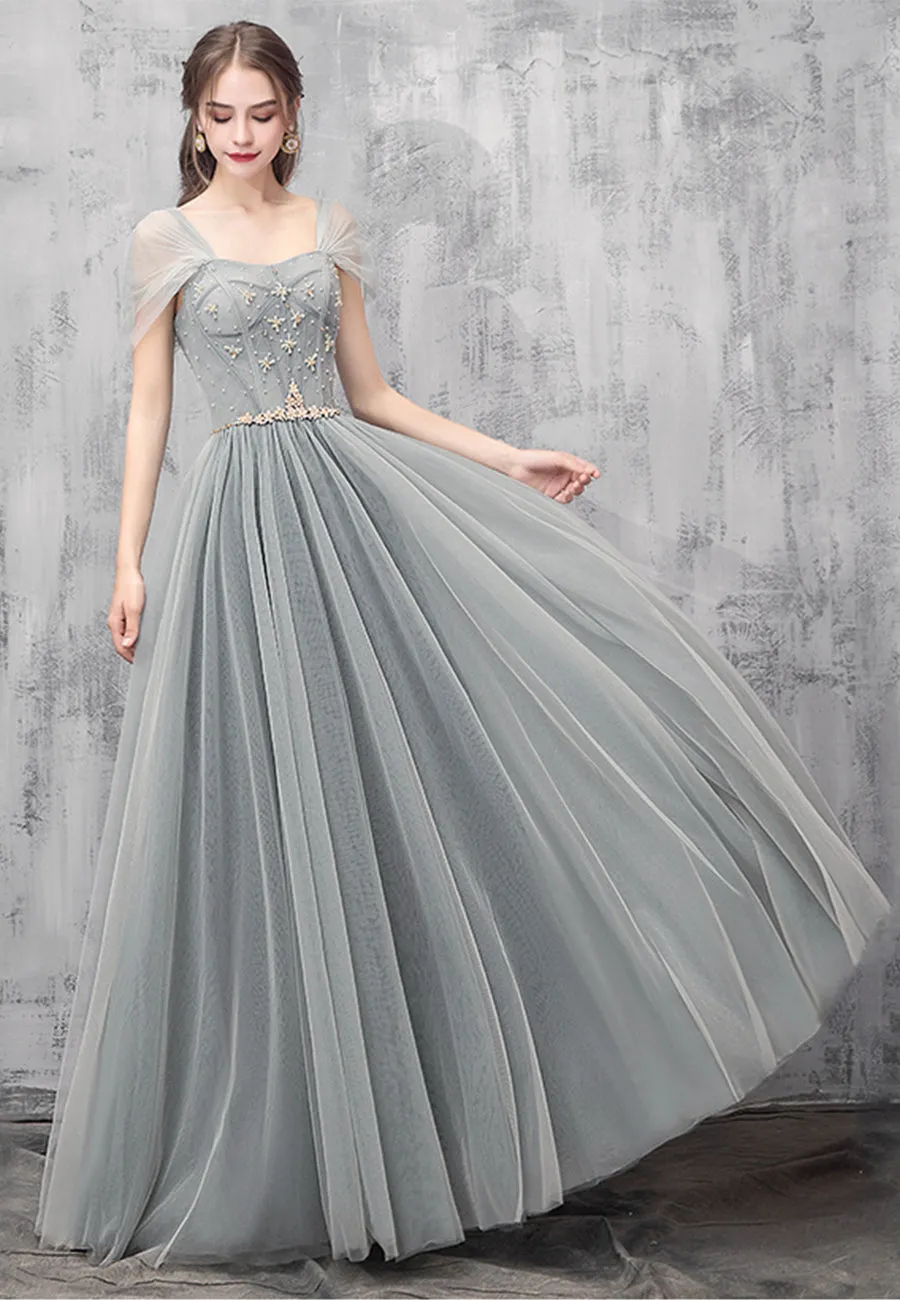 Gray Tulle Beaded Long Prom Dress, Off the Shoulder Evening Dress