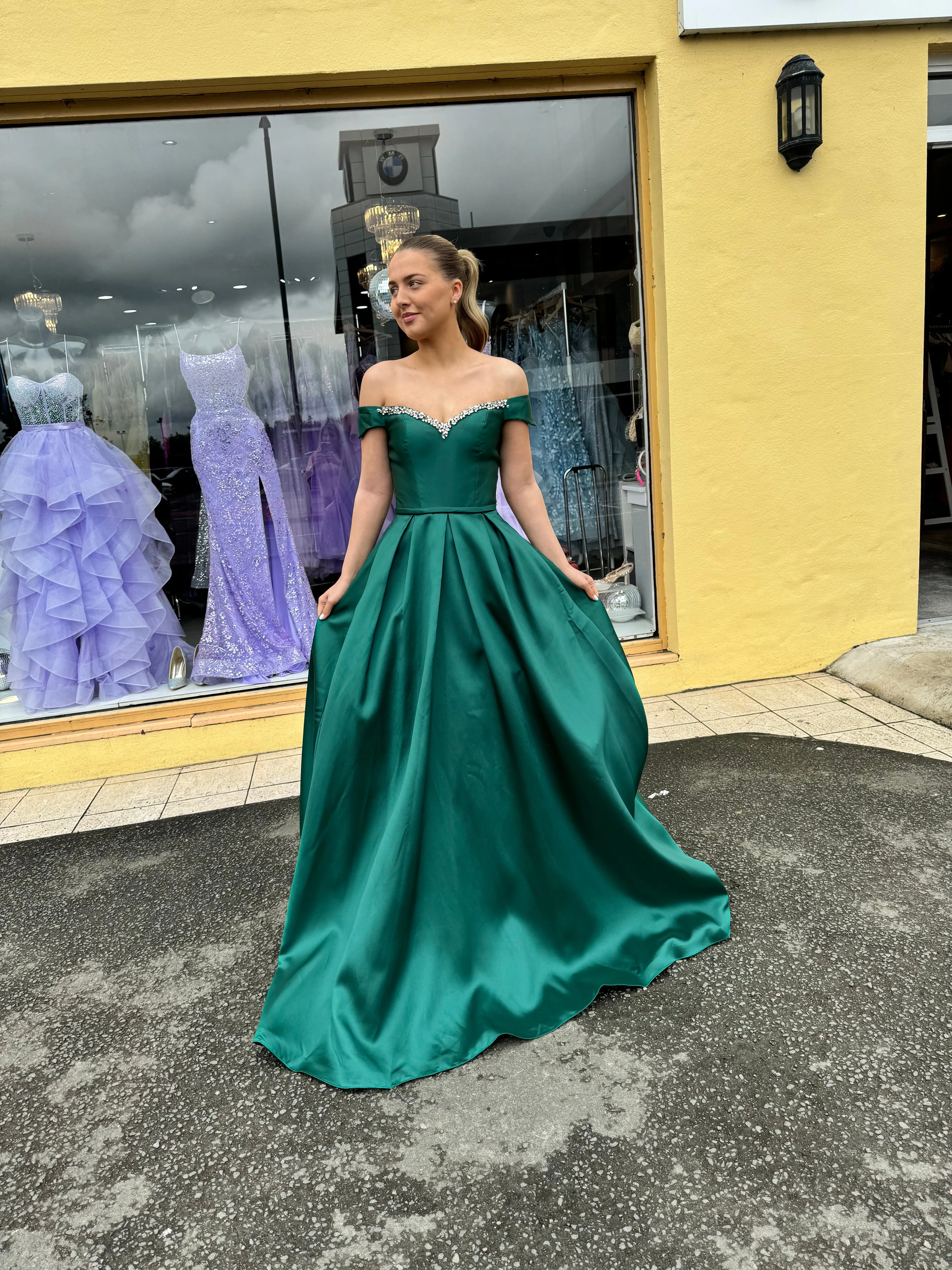 Green goddess Bardot satin Ballgown SALE size 4 fits 6