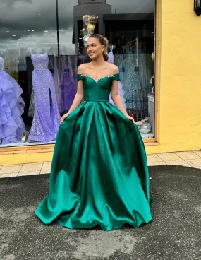 Green goddess Bardot satin Ballgown SALE size 4 fits 6