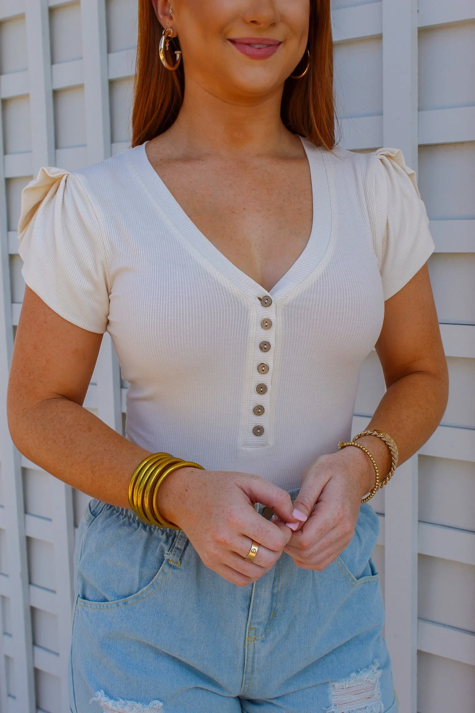 Hala Ivory Puff Sleeve Button Up Bodysuit