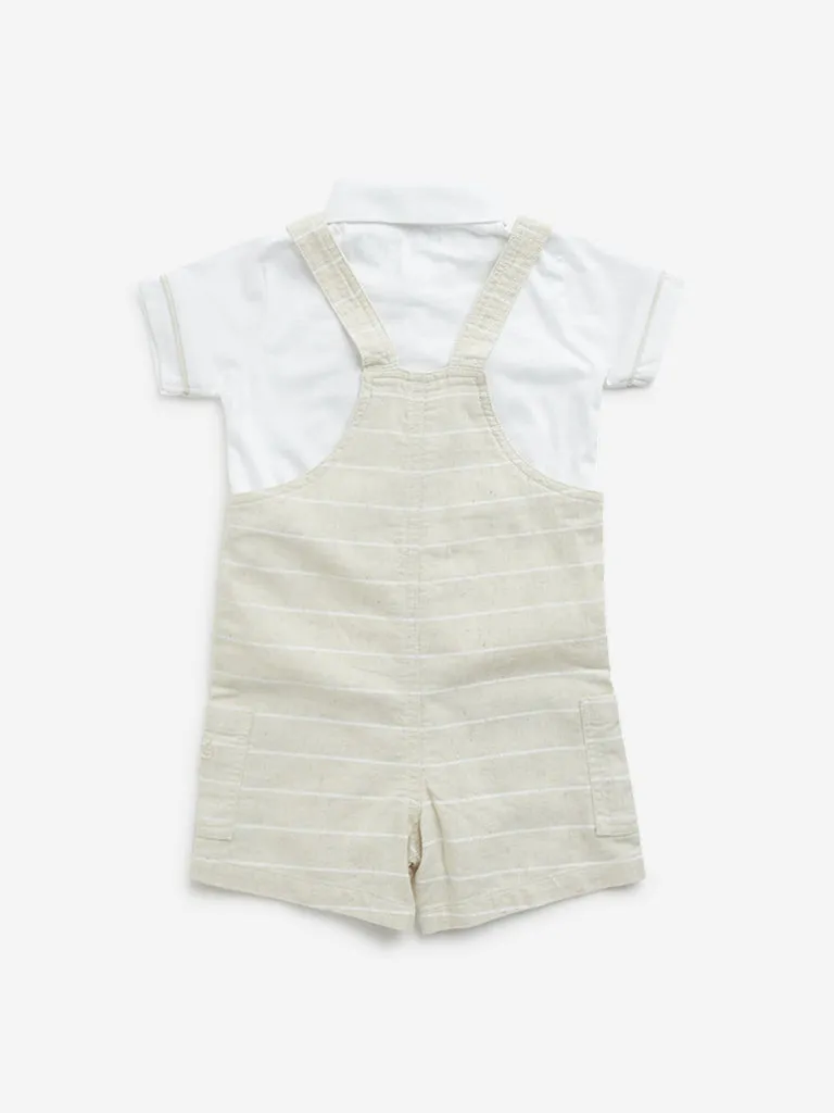 HOP Baby Beige Pinstriped Dungaree with T-Shirt Set