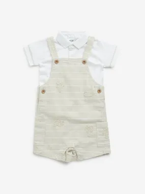 HOP Baby Beige Pinstriped Dungaree with T-Shirt Set