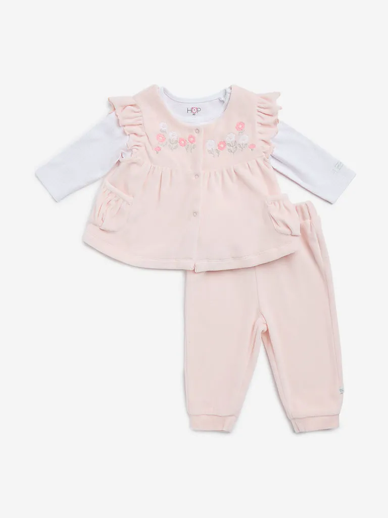 HOP Baby Pink Floral Embroidered Cotton Blend Dress, T-Shirt and Mid-Rise Pants Set