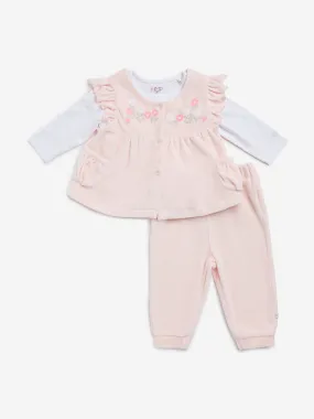 HOP Baby Pink Floral Embroidered Cotton Blend Dress, T-Shirt and Mid-Rise Pants Set