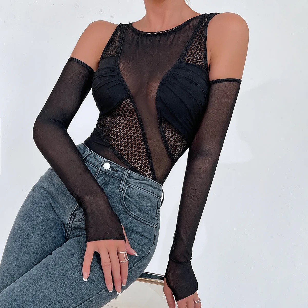 Irregular Design Lace Hollow Sheer Unique Bodysuit with Artistic Appeal