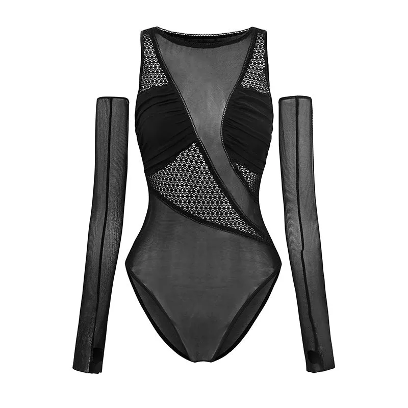 Irregular Design Lace Hollow Sheer Unique Bodysuit with Artistic Appeal