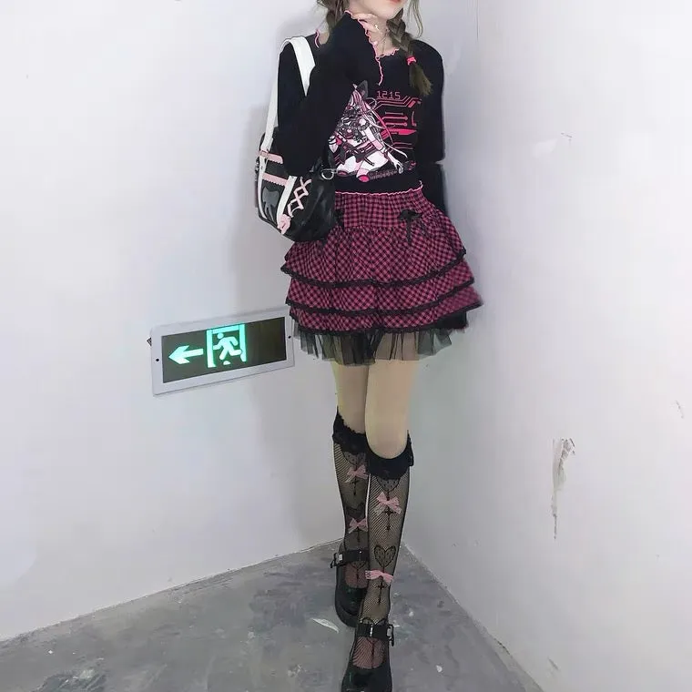 JAPANESE HOT GIRL PUNK PLAID LACE CAKE SKIRT BY90131