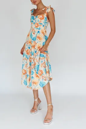 Julianna Foral Print Shoulder Tie Midi Dress