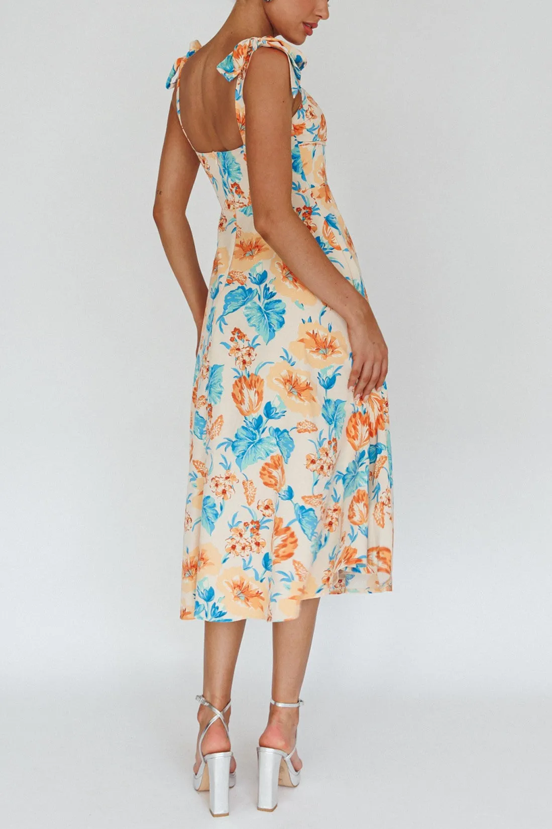 Julianna Foral Print Shoulder Tie Midi Dress