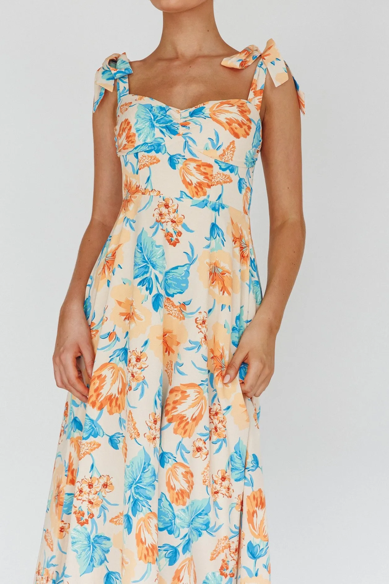 Julianna Foral Print Shoulder Tie Midi Dress