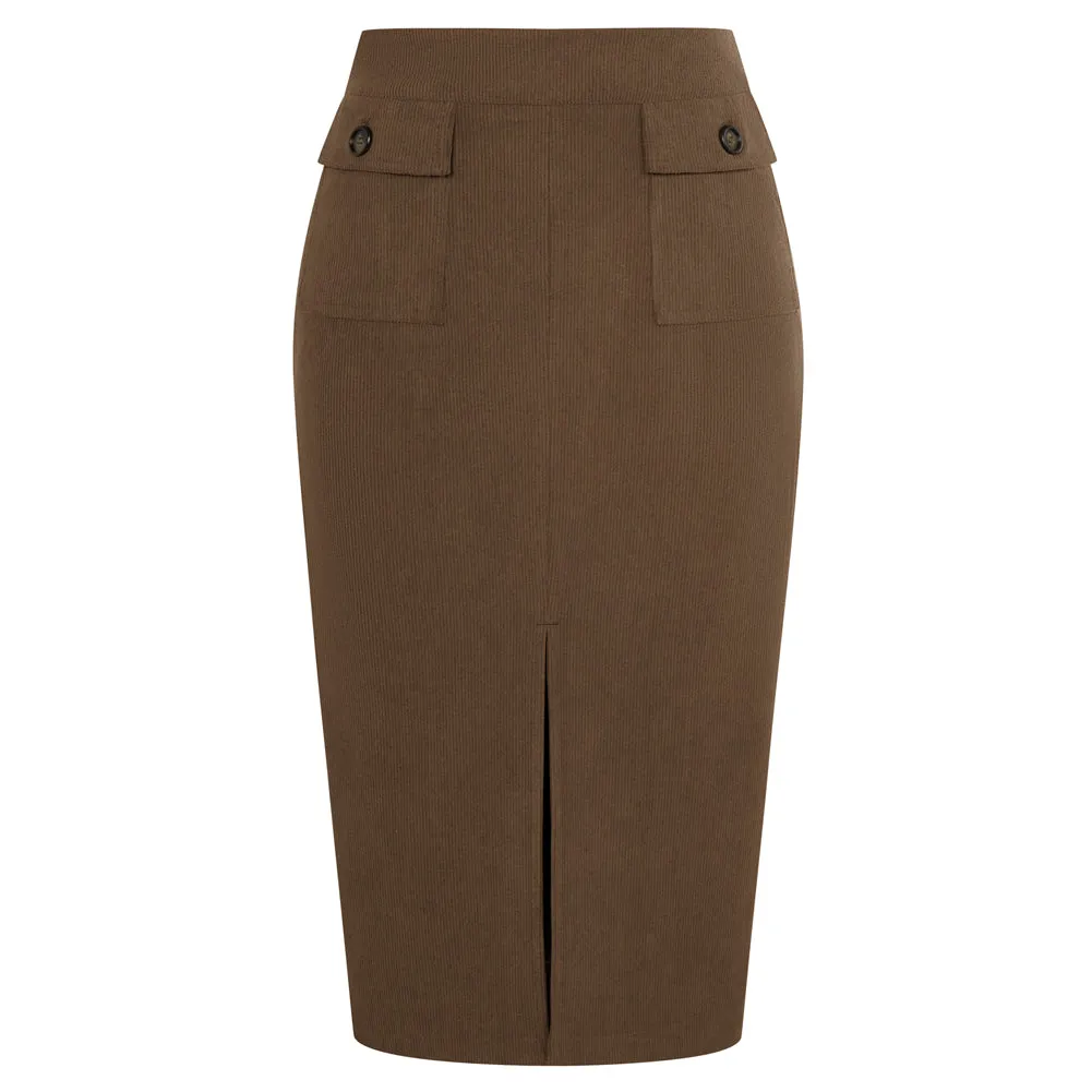 KK Women Corduroy Skirt Elastic Waist Front Slit Mid-Calf Bodycon Skirt