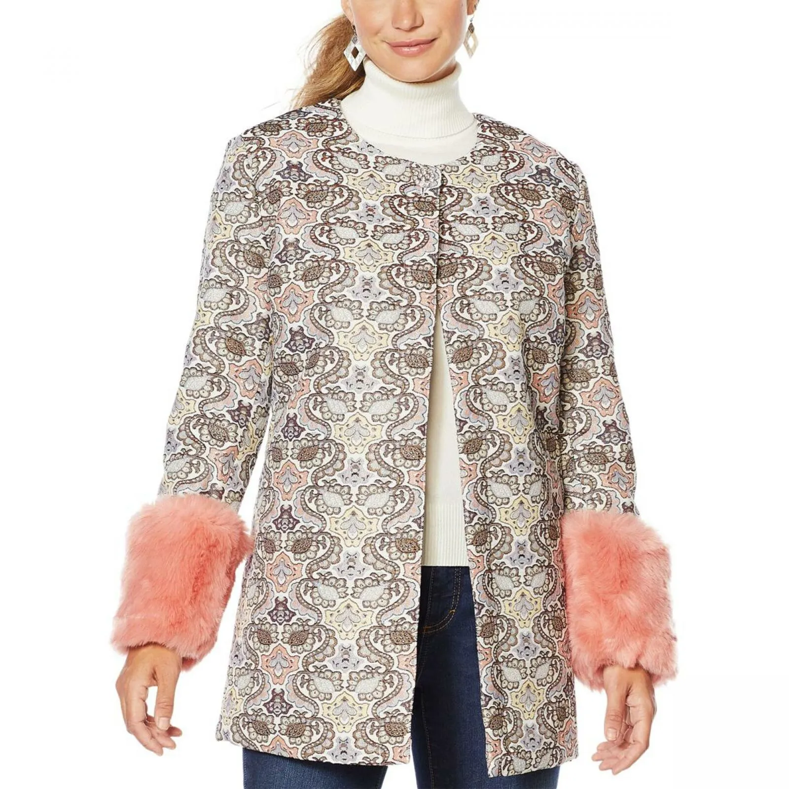 LaBellum by Hillary Scott Jacquard Topper Jacket With Faux Fur Cuffs