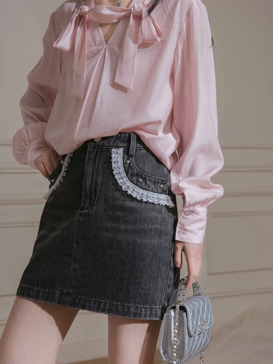 Lace Stitch Denim Skirt