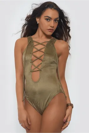 Lace Up Khaki Suede Bodysuit