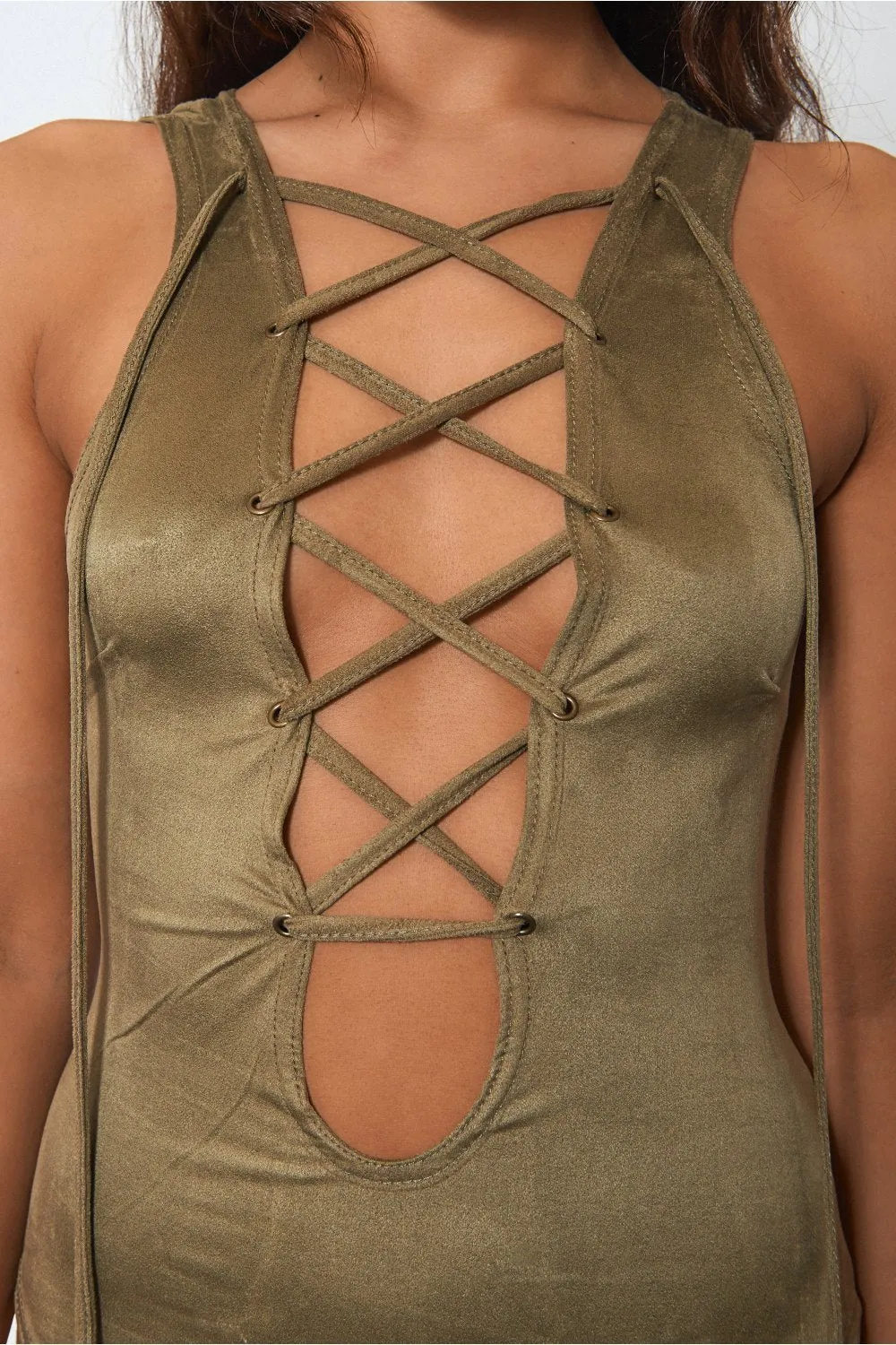 Lace Up Khaki Suede Bodysuit